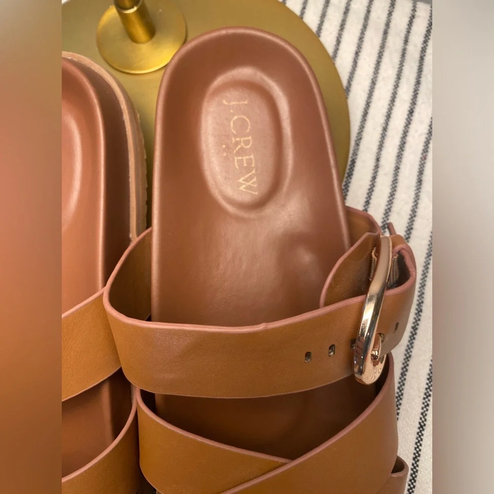 Women's Tan J Crew Criss Cross Buckle Slides Size 10